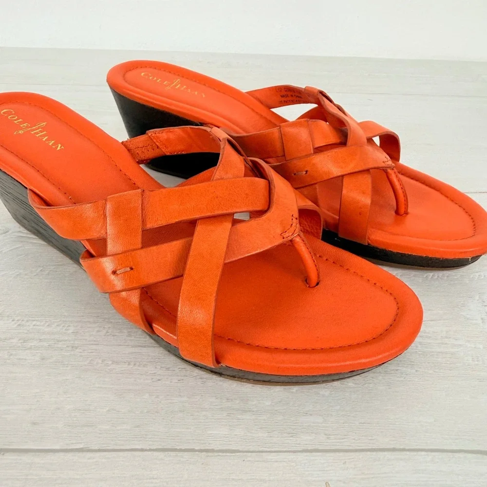 Cole Haan Wedge Sandals Size 7.5 B Orange Nike Air Strappy Leather Summer Bonnie